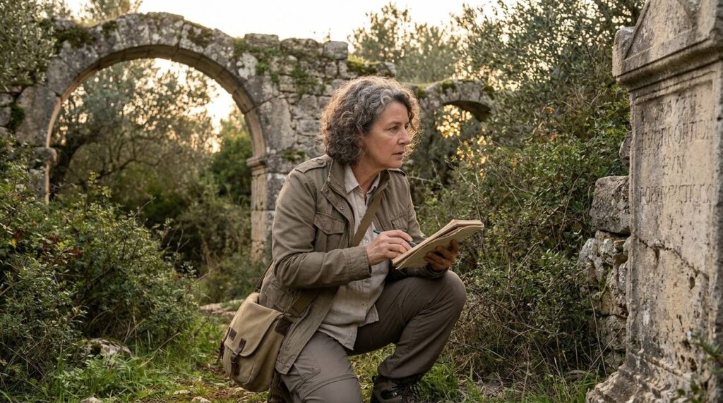 Middle-aged Israeli historian examines ancient ruins in Merom with notebook.