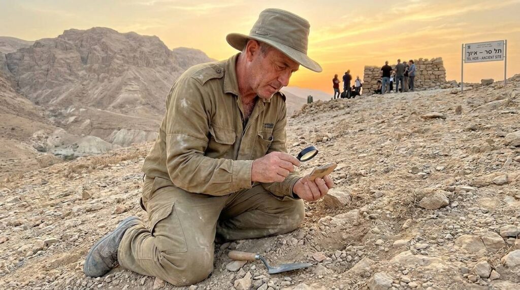 Israeli archaeologist examining artifacts at Mount Hor, desert background.
