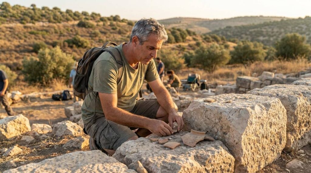 Israeli man examines ancient ruins in Shephelah during late afternoon.