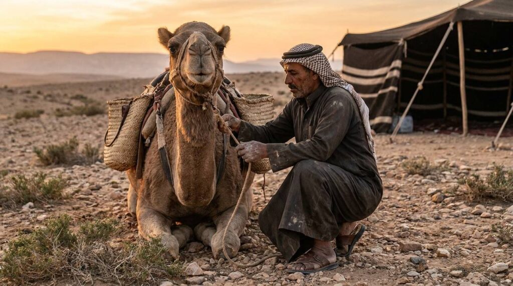 Bedouin man in traditional attire tending to camel in desert.