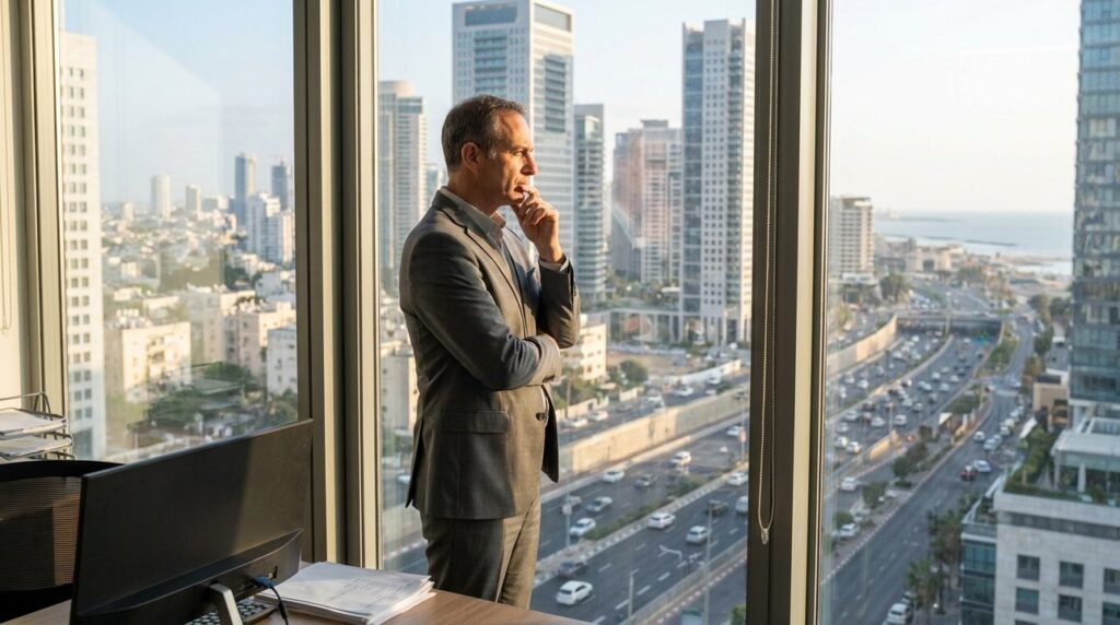 Israeli man in suit looks thoughtfully out office window at Tel Aviv.