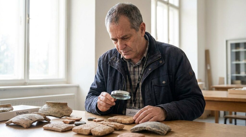 Israeli historian examines ancient Shechem artifacts in a sunlit museum.