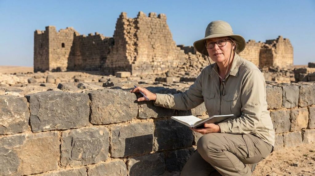 Israeli archaeologist examines ancient fortifications at Bozrah with notebook.