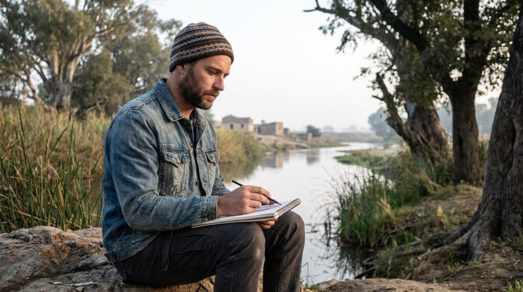 Israeli artist sketching in notebook by serene river in morning light.