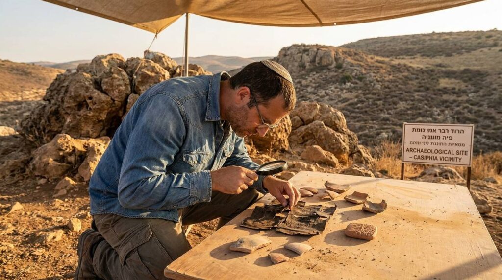 Historian examines ancient scrolls at archaeological site.