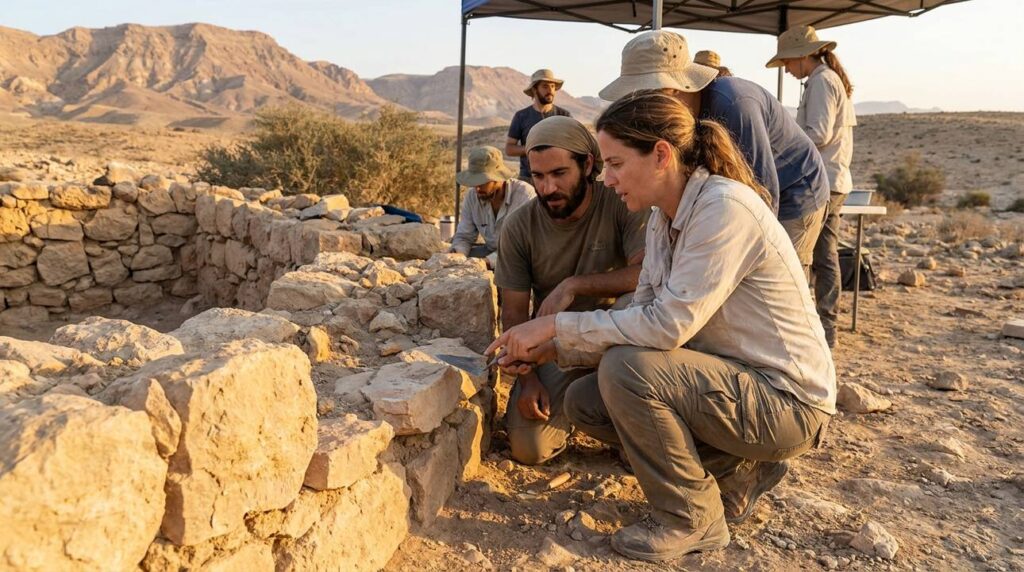 Israeli archaeologists examining ancient ruins in Negev Desert at sunset.