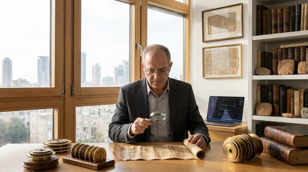 Israeli cryptography expert examines ancient scripts in a modern office.