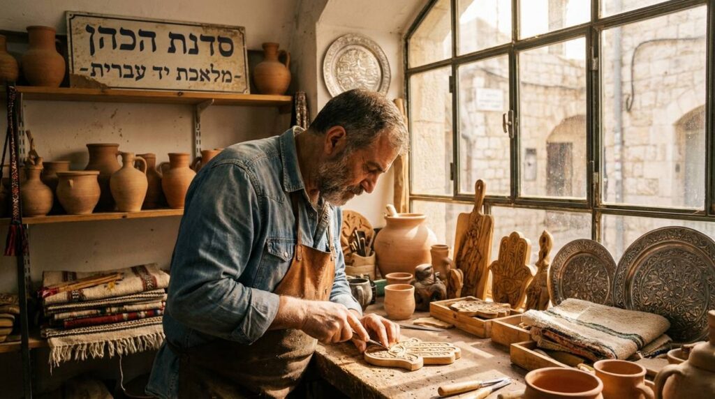Israeli craftsman working in workshop surrounded by traditional handmade products.