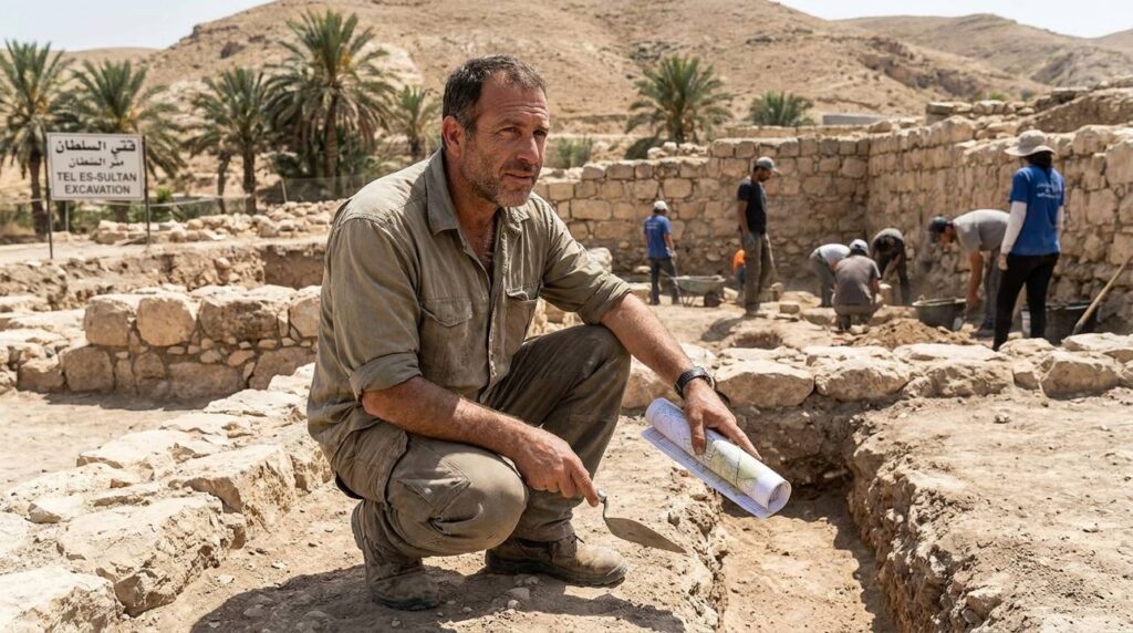Israeli archaeologist examines ancient ruins in Jericho with map and tools.