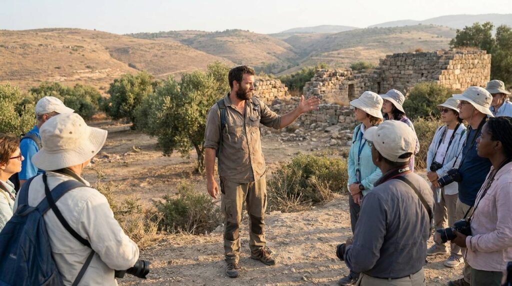 Israeli tour guide explaining ancient ruins to tourists in Gennesaret.