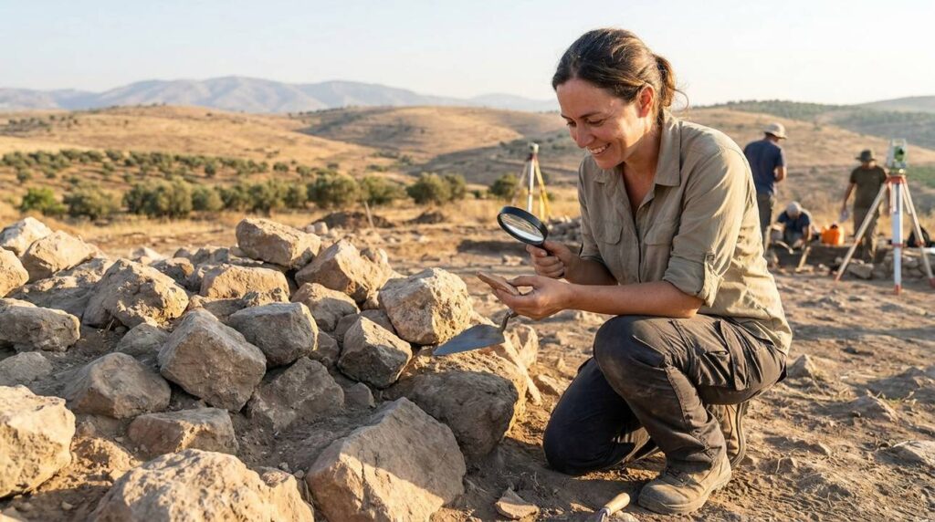 Israeli archaeologist examines ancient stones in Gilead's morning light.