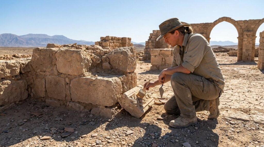 Archaeologist in field attire examining ancient ruins in desert landscape.