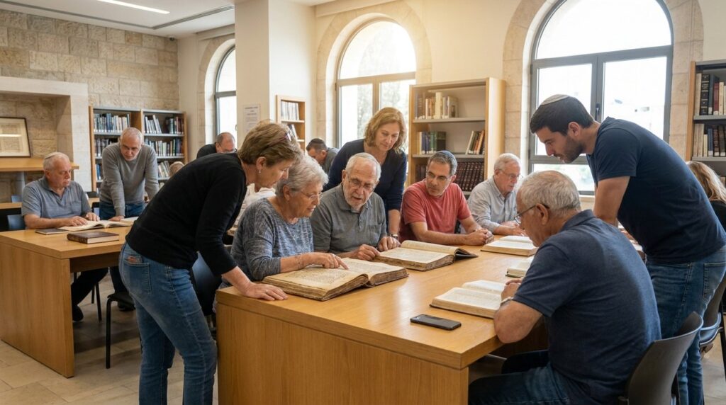 Diverse Israeli adults and elderly reading and discussing in a library.