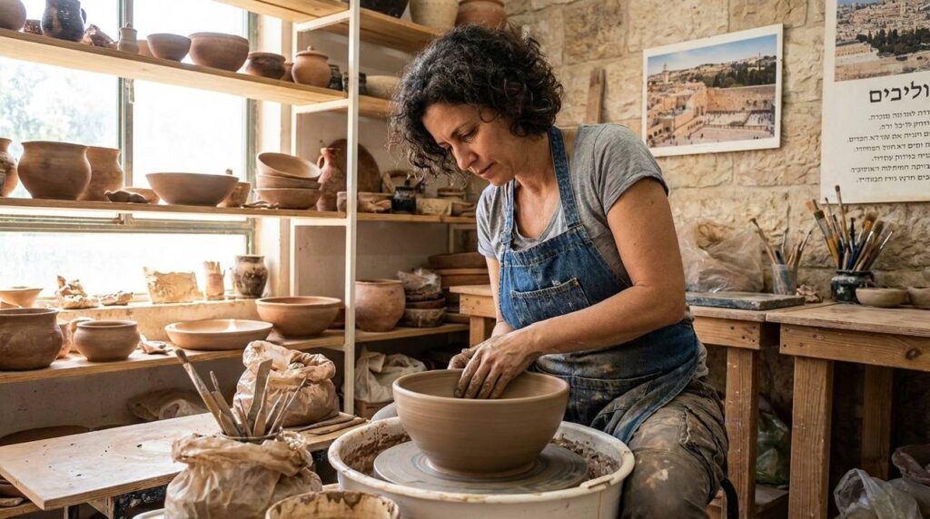 Israeli artisan in her 40s crafting pottery in a sunlit studio.
