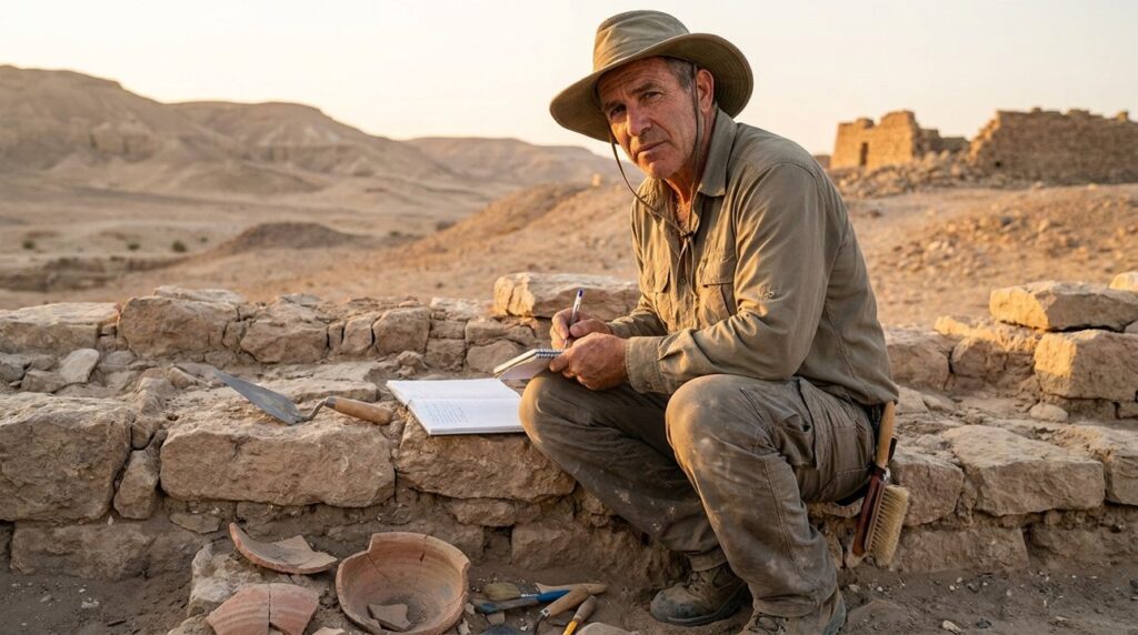 Israeli archaeologist recording notes at Pithom ruins in desert landscape.
