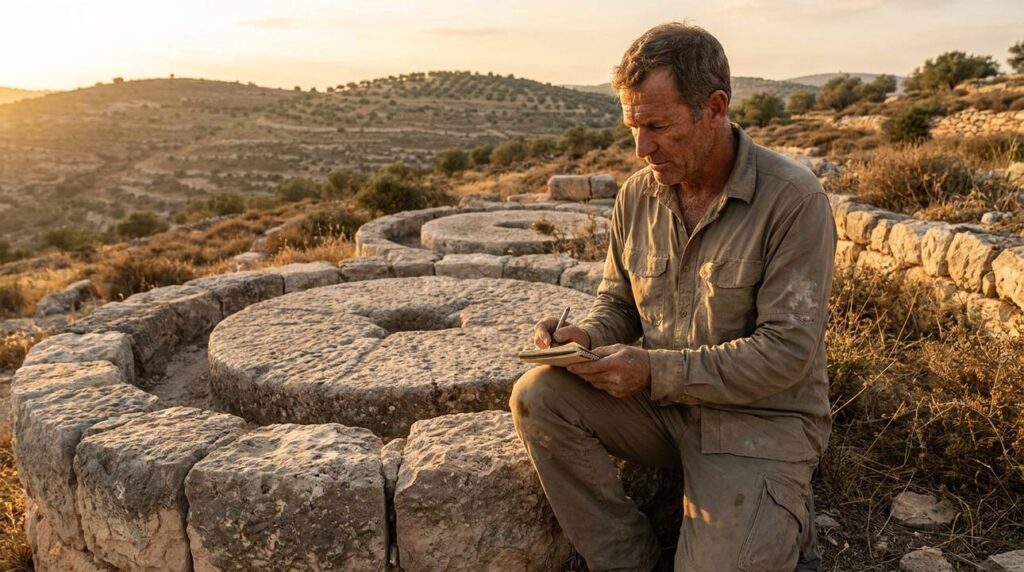Israeli archaeologist documenting ancient olive presses in the Judean hills.