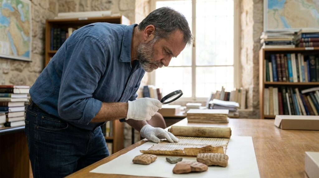 Israeli historian examines ancient scrolls in Jerusalem research center.