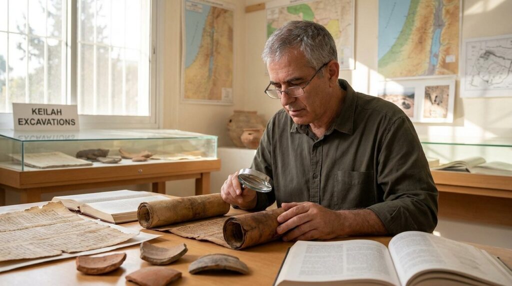 Israeli historian examines ancient scrolls at a museum table near window.