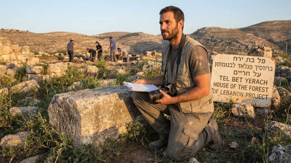 Israeli historian examining ancient ruins with clipboard and camera.