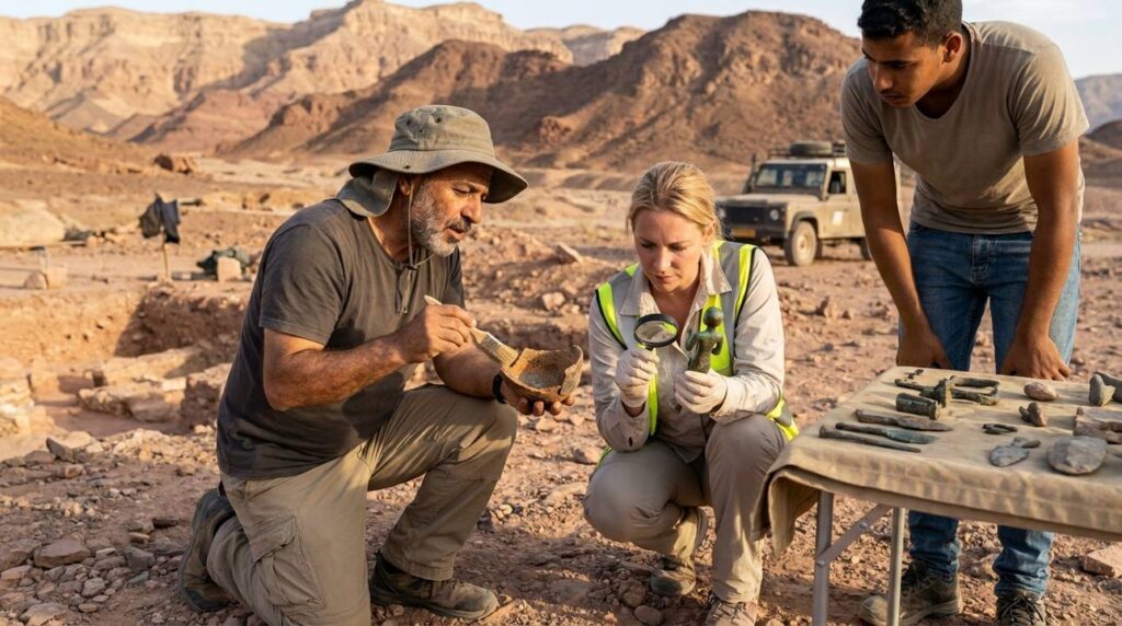 Archaeologists and assistant examining artifacts at Timna dig site.
