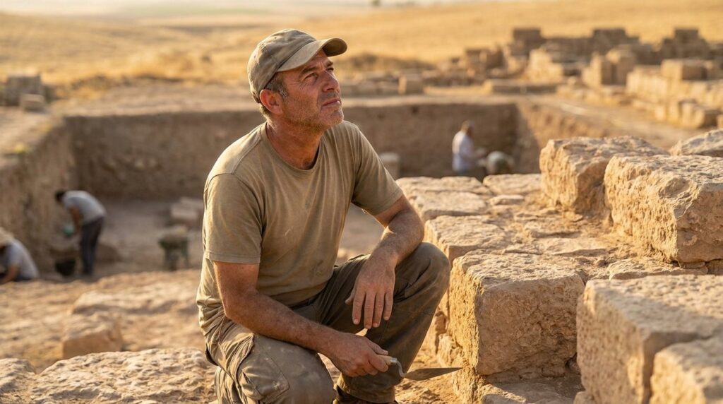 Israeli archaeologist examines ancient ruins in Nineveh under afternoon sun.