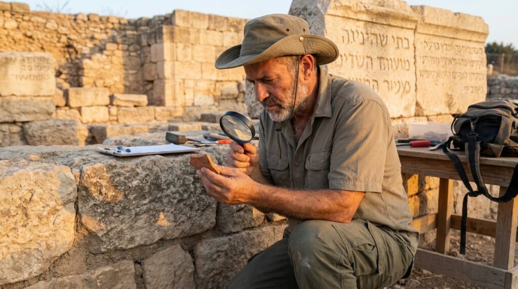 Israeli archaeologist examines pottery shard at Shunem ruins during sunset.