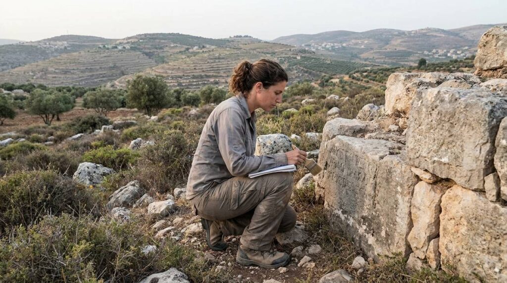 Israeli archaeologist examines ancient ruins in Gilead's green landscape.