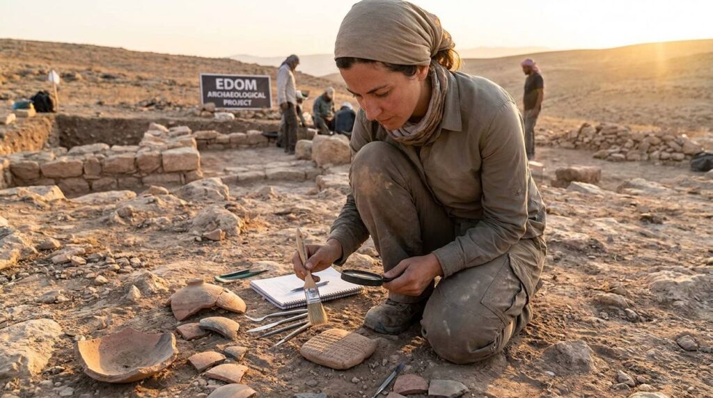 Israeli archaeologist examines artifacts at an Edom dig site.