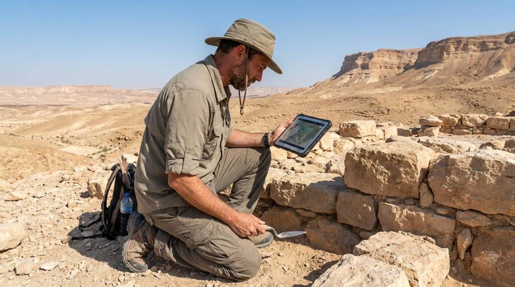 Researcher with tablet examines stone ruins in expansive desert landscape.