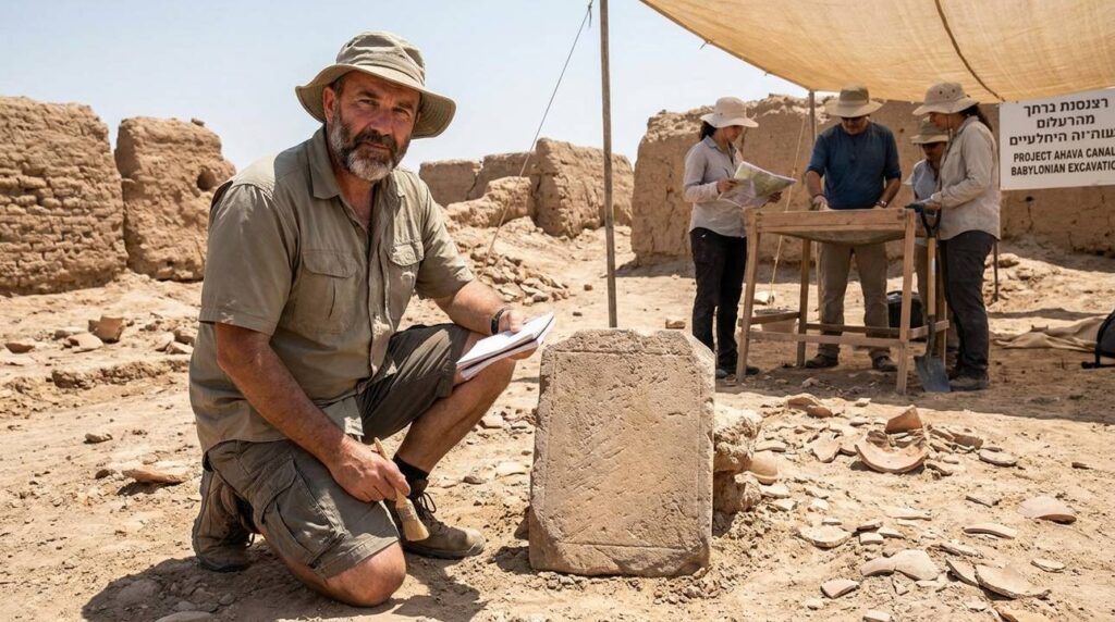 Israeli researcher examines ancient site near Babylon with team in background.