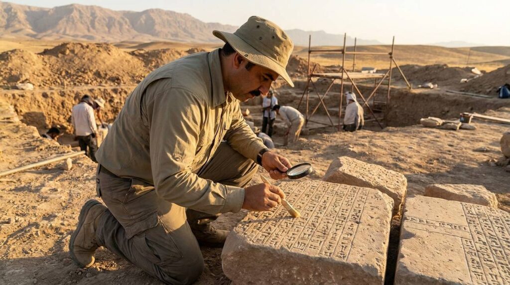 Middle-Eastern archaeologist examines Elamite cuneiform inscriptions at excavation site.