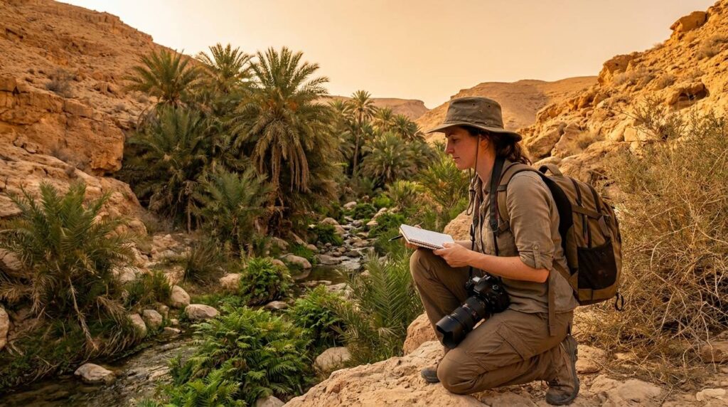 Female archaeologist examines oasis in Wadi Gharandel with camera.