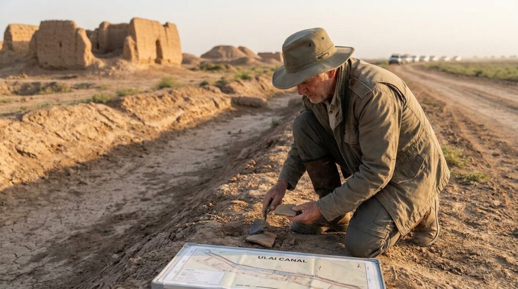 Archeologist examining ruins by Ulai Canal in Iran at dawn.