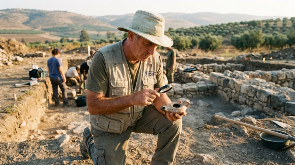 Israeli archaeologist examines artifacts at Galilee excavation site at sunset.
