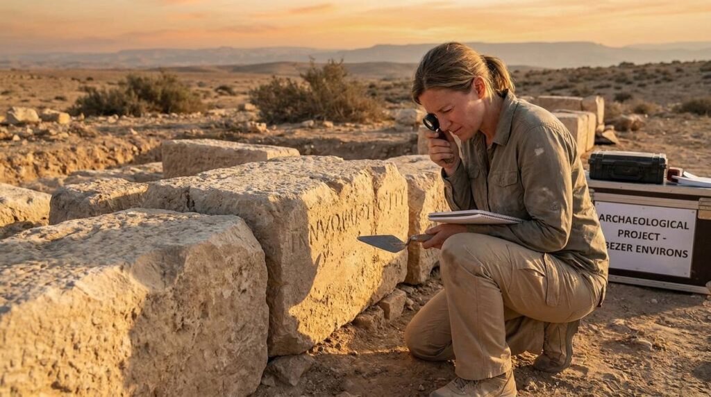 Caucasian woman archeologist examines ancient ruins in desert at sunset.