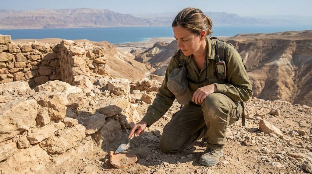 Israeli archaeologist examines stone ruins near the Dead Sea.