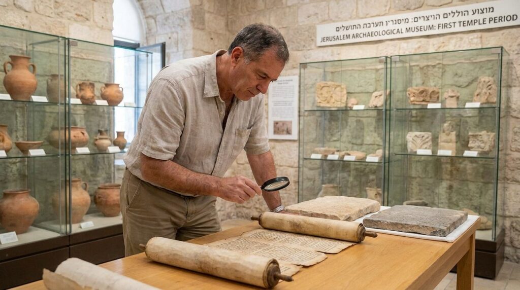 Historian in casual attire examines ancient scrolls in Jerusalem museum.