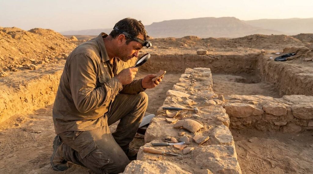Israeli archaeologist examines artifacts at Baal Zephon desert dig site.