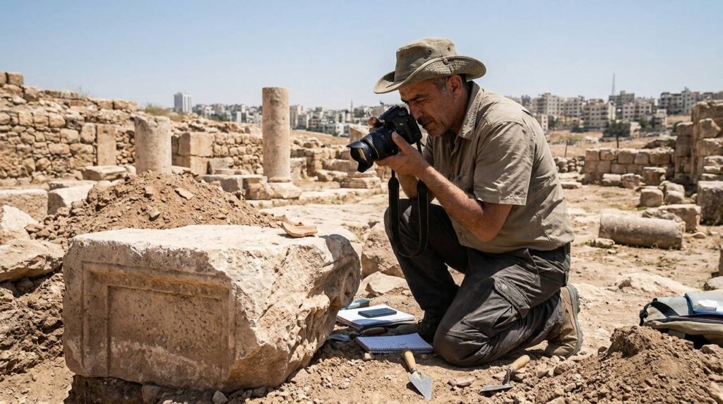Middle Eastern archaeologist photographing ancient ruins in Amman, Jordan.