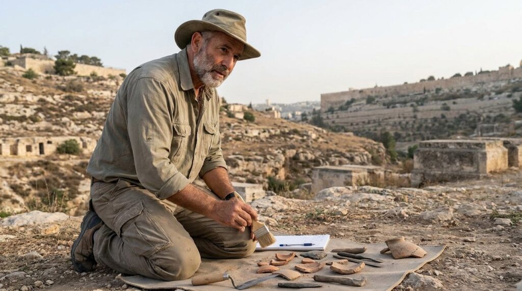 Israeli archaeologist examines ancient artifacts in Kidron Valley.