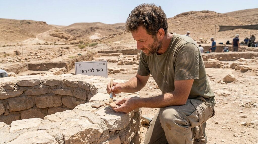 Israeli archaeologist examines Lahai Roi, ancient well visible in background.