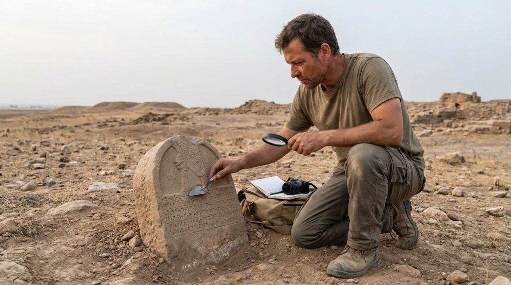 Archaeologist examining Assyrian inscriptions on ruins in Gozan.