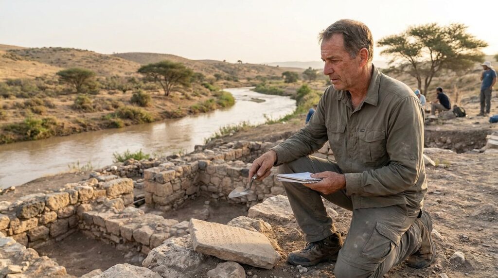 Historian in outdoor attire examining ancient ruins by Jordan River.