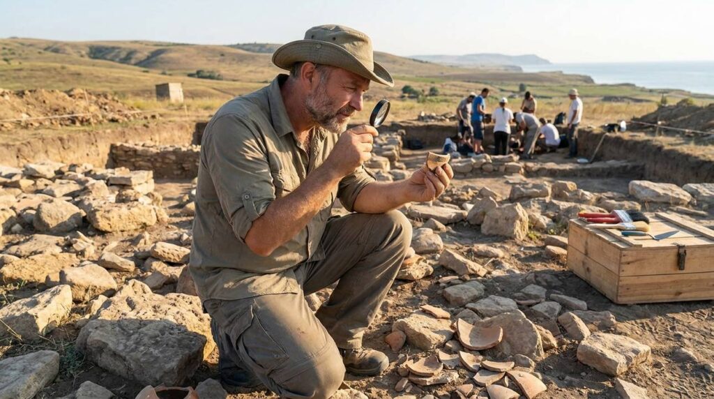 Israeli archaeologist examines artifacts at Black Sea region dig site.