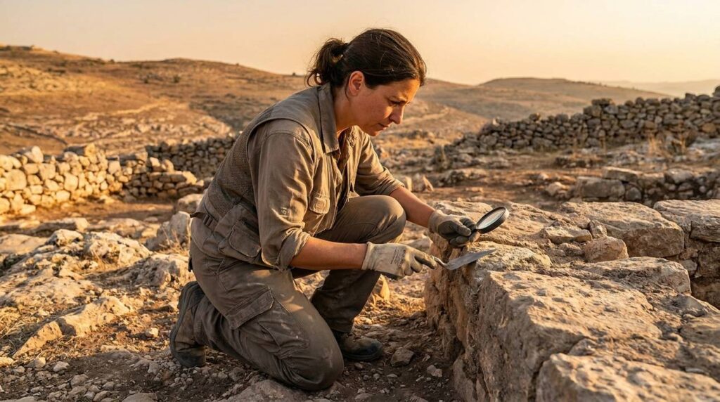 Archaeologist examining ancient stones on Mount Ebal in late afternoon light.