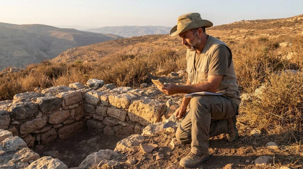 Israeli archaeologist examines ancient ruins in mountainous region at sunset.