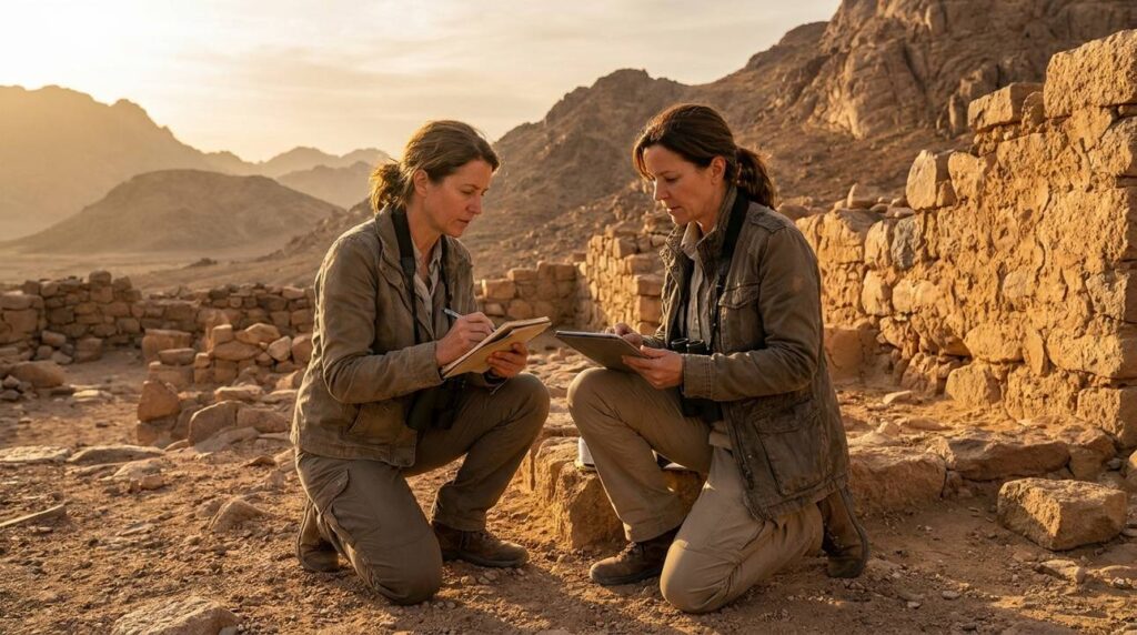 Israeli historian taking notes at ancient ruins near Mount Sinai.