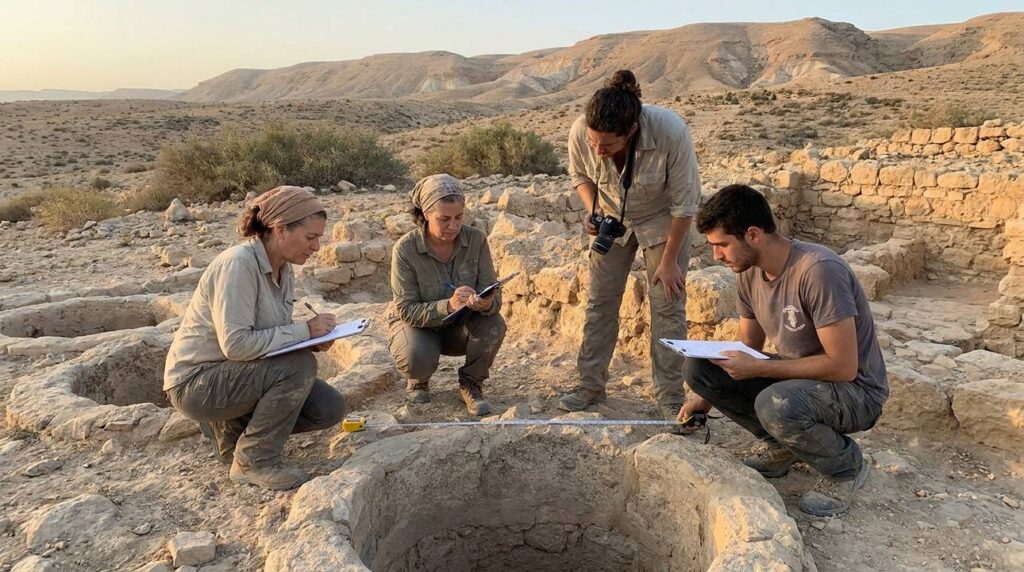 Archaeologists examining ancient cisterns in Maon with historical architecture background.
