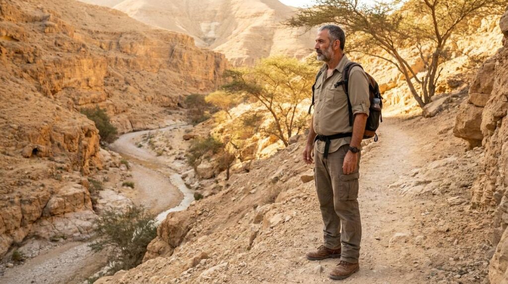 Middle-aged Israeli man hiking in Wadi Cherith's desert landscape.