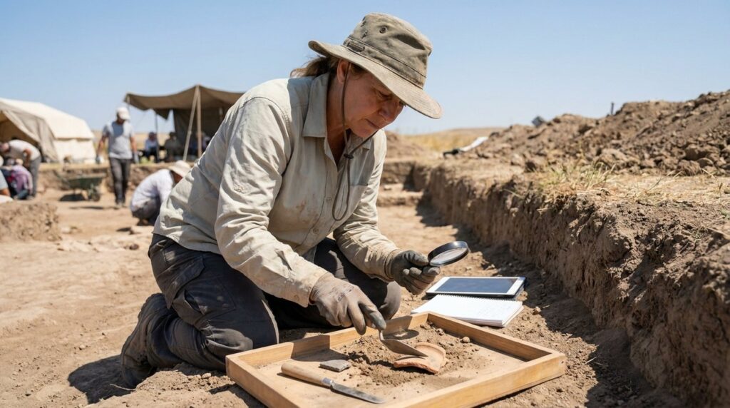 Middle-aged archaeologist examines artifacts at excavation site in Anatolia.